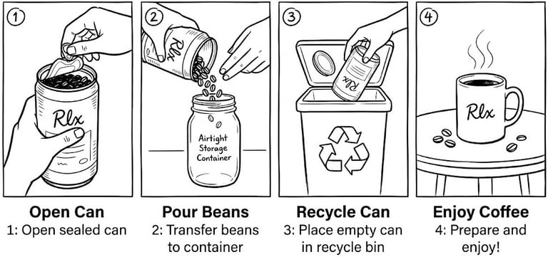 Four-step guide showing how to open, store, and recycle coffee beans for a fresh brew.