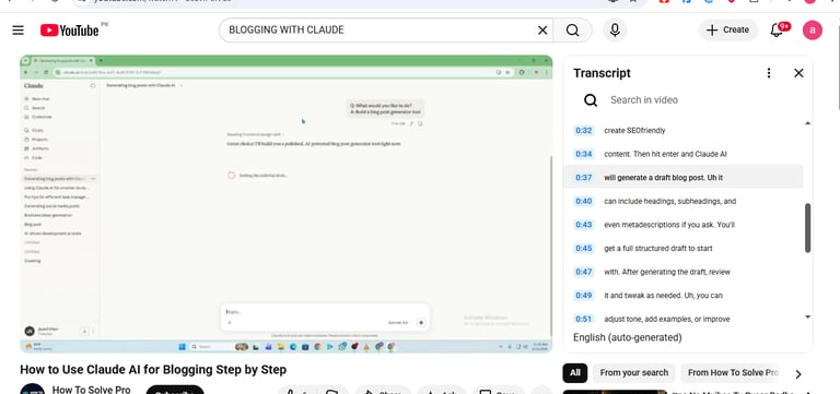 A YouTube transcript pasted into ChatGPT with a prompt asking for simple summary notes