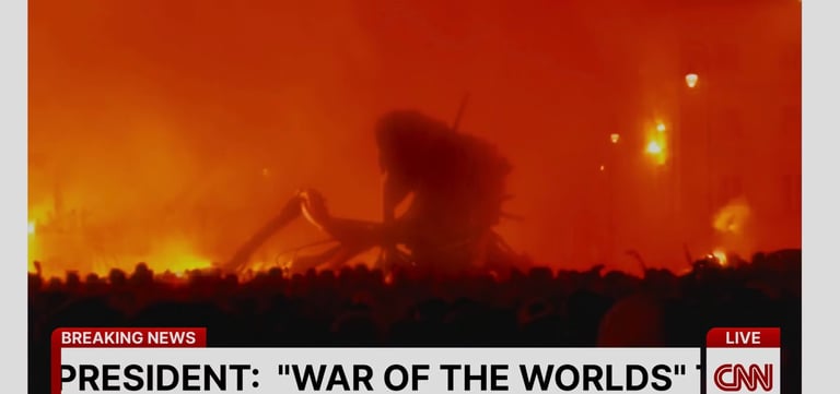A fictional CNN broadcast showing breaking news with the headline “President: ‘War of the Worlds’,” 