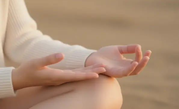 une femme assise pose ses deux mains sur ses genoux
