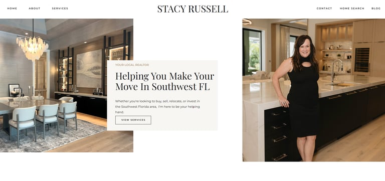 a woman standing in front of a kitchen with a table and chairs