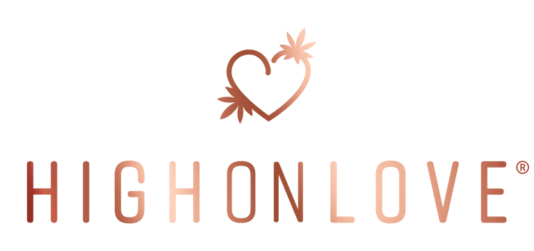 The photo shows the logo of HighOnLove Brand, written in rose gold letters, with a heart above the letters.