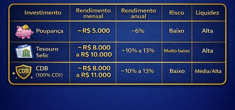 Tabela comparativa de investimentos conservadores comparando Poupança, Tesouro Selic e CDB.