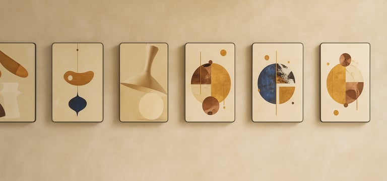 Six framed mid-century modern abstract wall art prints displayed in a row on a neutral beige wall.