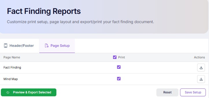 Screenshot of a Fact Finding Reports dashboard showing page setup options for printing and exporting documents.