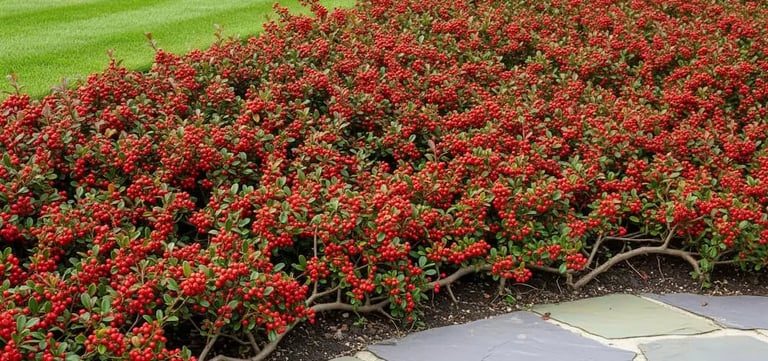 un macizo compacto de cotoneaster lleno de bayas