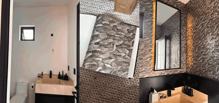 Comparación del baño antes y después con inspiración en papel tapiz de olas | KARÄNA