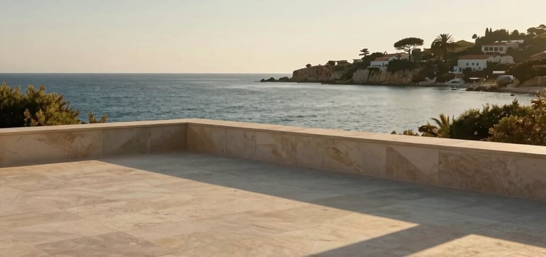 A sun-drenched minimalist stone terrace overlooking a quiet Mediterranean cove at golden hour, low-angle light casting long architectural shadows, no people.