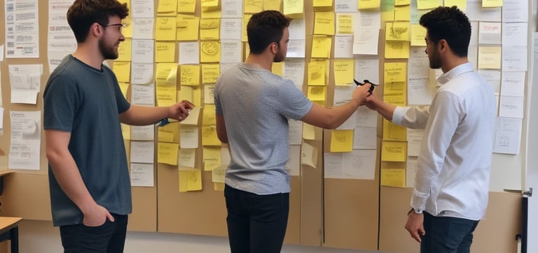 Colleagues brainstorming ideas around a table with laptops and notes