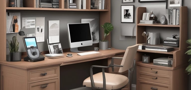A cozy home office setup with modern computer and multimedia equipment.