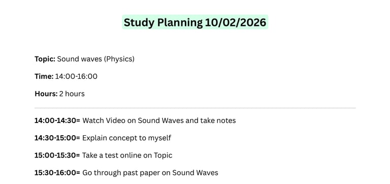 Study Schedule- Planning example