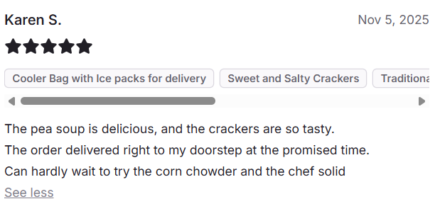 The pea soup is delivious, and the crackers are tasty.