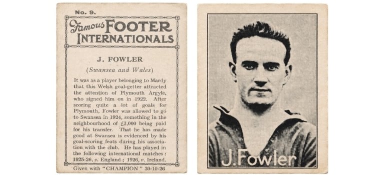 Vintage 1926 Famous Footer Internationals trading card featuring Welsh footballer J. Fowler.