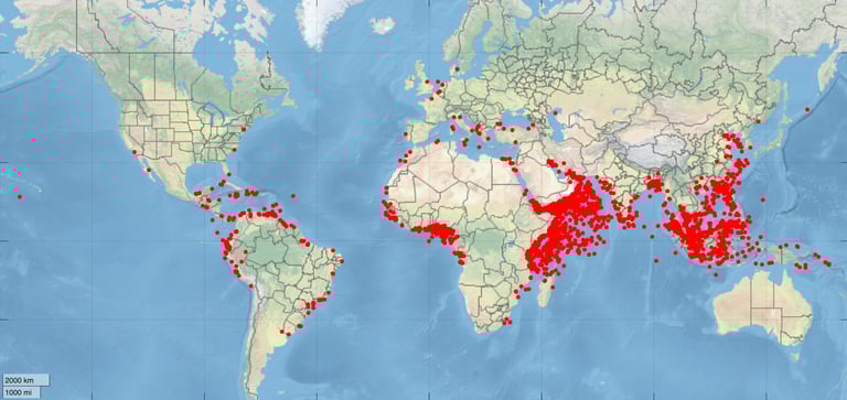 Map of modern piracy hotspots and attack zones
