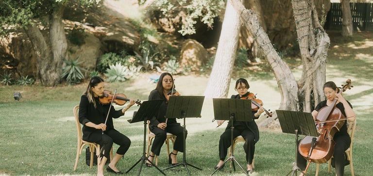 String quartet performing for a wedding ceremony at outdoor venue