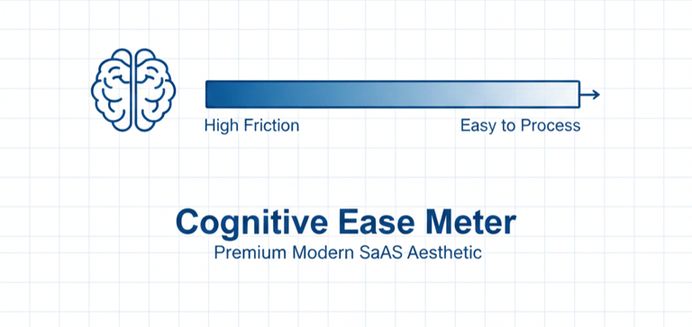 Minimal cognitive ease meter showing how simpler narratives reduce mental friction for investors.