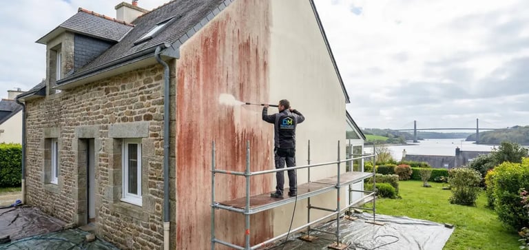 Artisan façadier nettoyant les algues rouges sur le pignon d'une maison à Plougastel-Daoulas (29470)