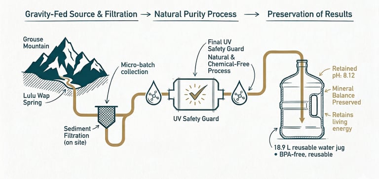 Gravity fed spring water from Grouse Mountain through UV filtration into a BPA free jug.