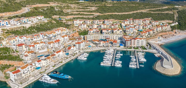 Aerial view of Lustica Bay Marina first phase by Orascom in Montenegro