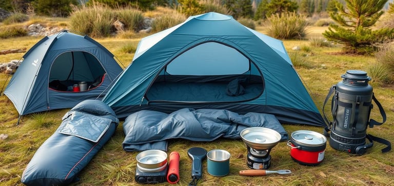 Lightweight camping gear including a compact tent, a minimalist sleeping bag, a portable stove.
