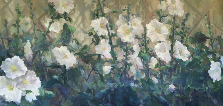 aoil painting of white hollyhocks growing on a wall