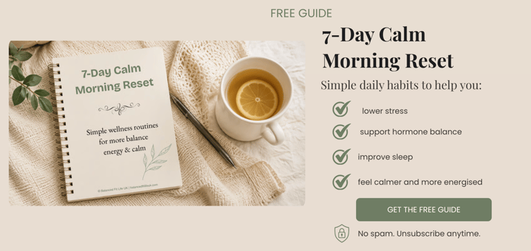 A 7-day calm morning reset guide next to a lemon tea and notebook for wellness routines and stress relief.
