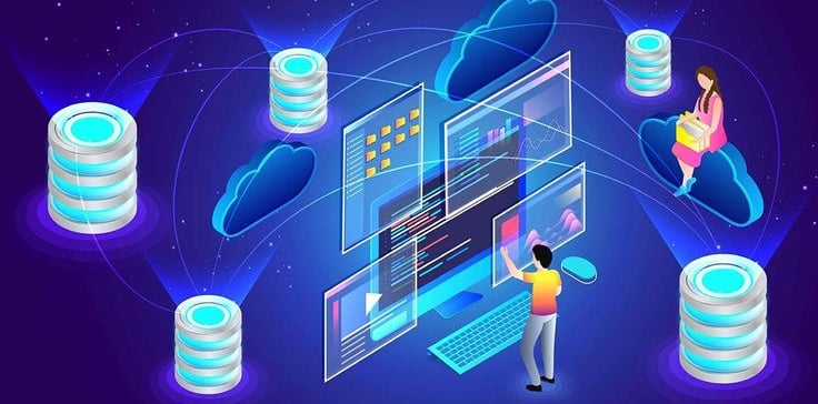 Ilustrasi orang yang mengelola database cloud dan file digital yang saling terhubung melalui antarmuka virtual.