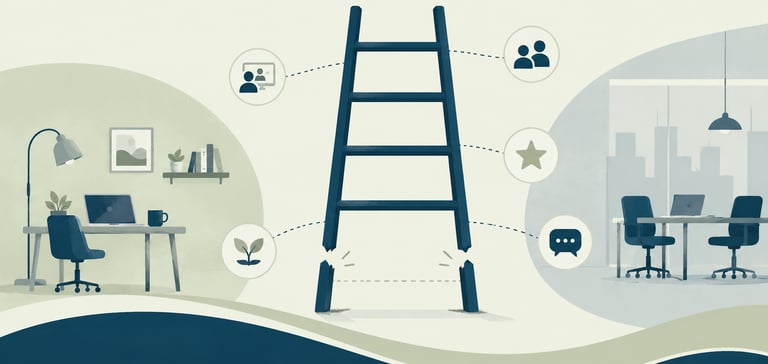 Illustration of a broken career ladder connecting a remote home office and a corporate workspace.