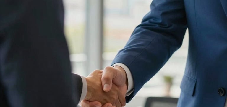 A close-up of a professional advisor in a Royal Blue suit shaking hands with a client in a bright, sunlit office. The lighting is warm and welcoming, capturing a moment of trust and efficiency.