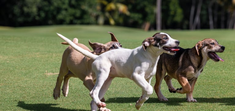 a group of puppies running through a field