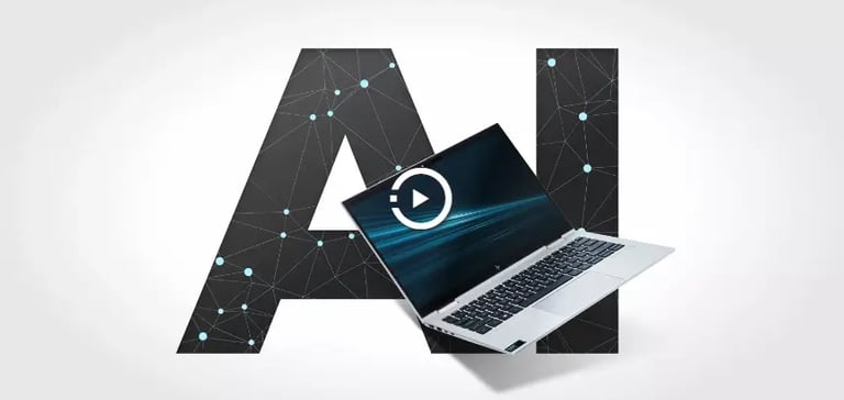 muestra una descripcion de la IA y una notebook en el aire encima de las letras AI