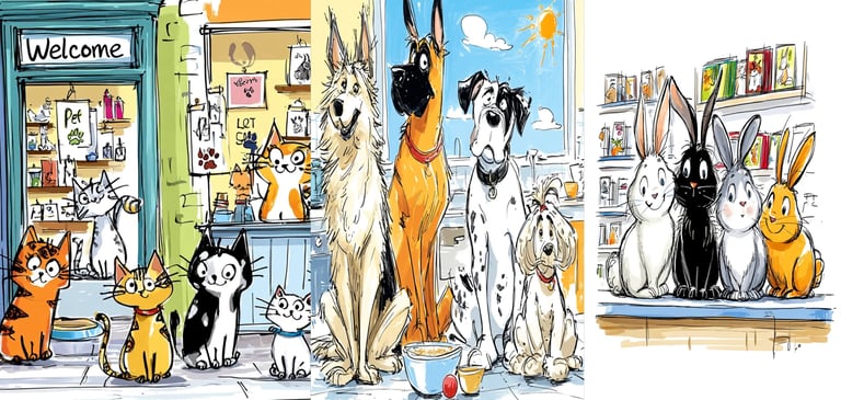 kittens, puppies, and rabbits depicted in children's books from the series Please, Please, Can We.