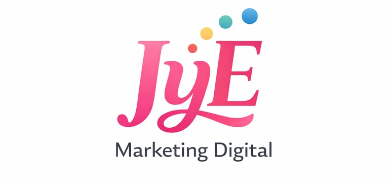 JyE Marketing Digital logo with pink gradient lettering and colorful bubbles on a white background.