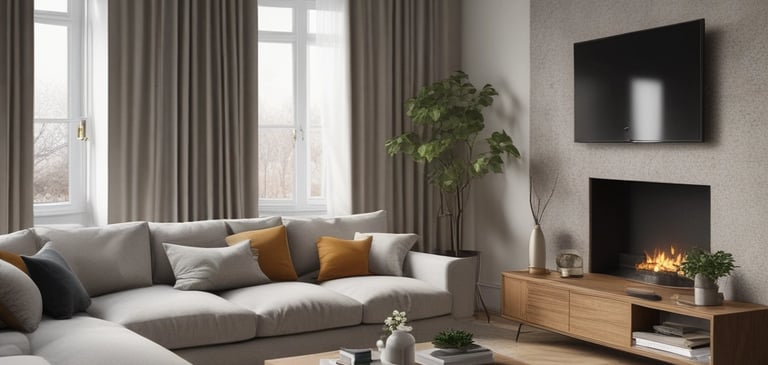 An image of the lounge of an apartment with a sofa, TV and windows