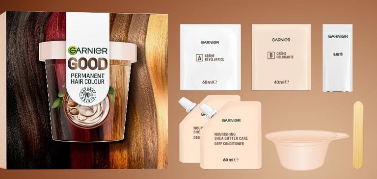 Kit complet de coloration Garnier Good avec crème colorante, révélateur, soin nourrissant au beurre de karité, gants et bol