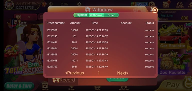 A mobile gaming app dashboard displaying a successful withdrawal transaction history record.
