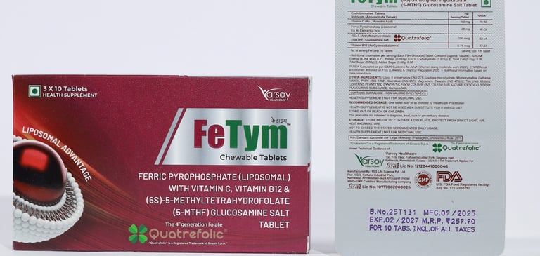 FeTym chewable tablets in packaging with key ingredients Ferric Pyrophosphate, Vitamin C, B12, and Quatrefolic for iron