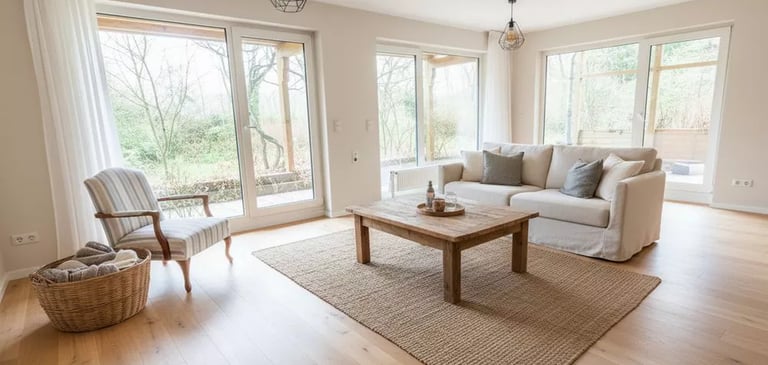 Modernes, helles Wohnzimmer mit Eichenparkett, Couchtisch aus Holz und großen Glastüren zur Terrasse.