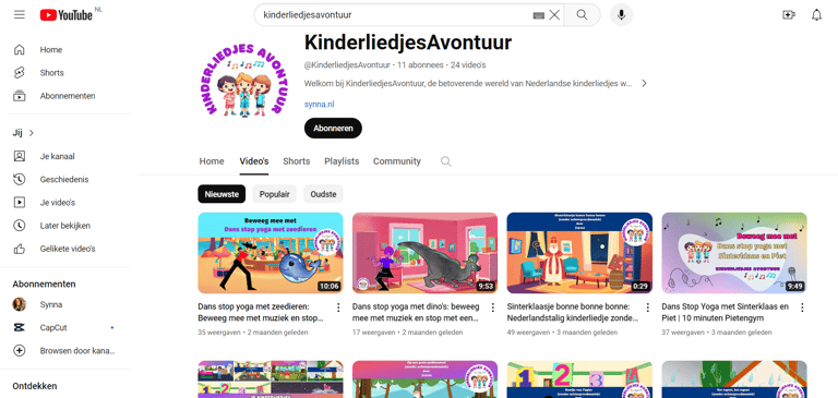 screenshot kinderliedjes avontuur youtube kanaal