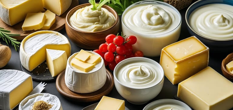 a variety of cheeses and cheeses on a table