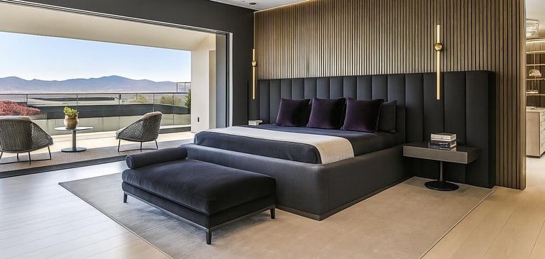 Custom bedroom with upholstered wall panel bed and bench by Solo Home Decor