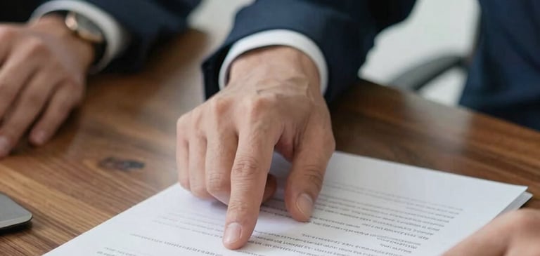 A close-up shot of two professional hands across a polished wood desk in a light-filled room. One hand is pointing to a document. The color palette features soft sky blue accents and dark slate blue tones, emphasizing a professional and focused connection.