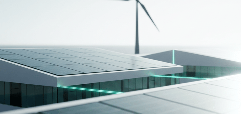 Modern eco-friendly building with rooftop solar panels and a wind turbine for renewable energy.