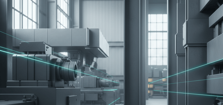 Industrial factory interior with modern CNC machinery and blue laser scanning technology for smart manufacturing.