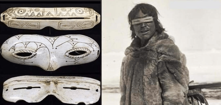 Collage de antiguos lentes de sol inuit y un cazador inuit usándolos.