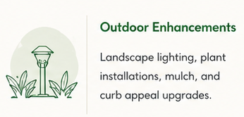 Outdoor enhancements graphic featuring landscape lighting and curb appeal upgrade services.