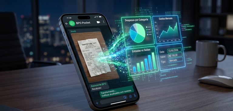 Smartphone mostrando a gestão financeira automatizada para MEI, transformando fotos de recibos em relatórios 