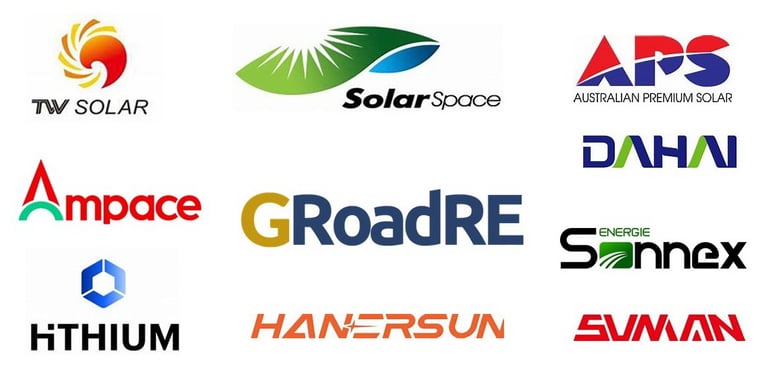 Logos of our partner brands, Tongwei, Longi, Jinko, and many other renowned solar companies