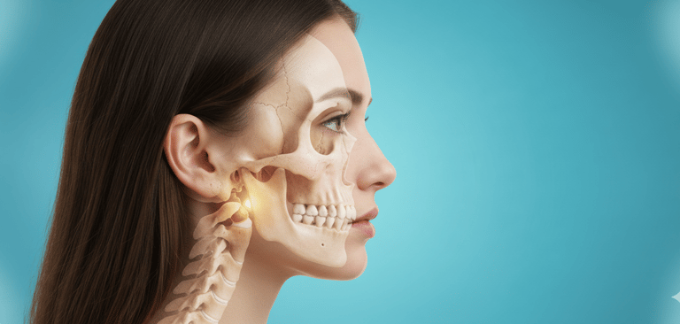 Ilustración lateral de la cabeza de una mujer con una superposición del cráneo y columna vertebral