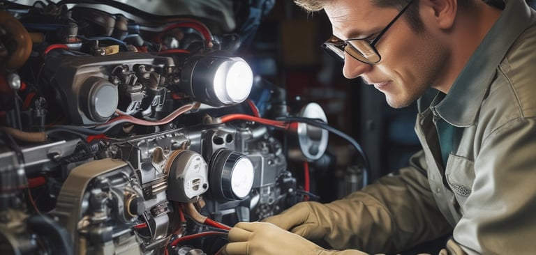 Close-up of a car suspension spring and shock absorber in a garage.